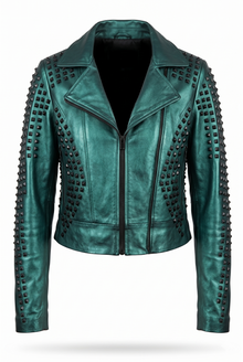 Chamarra Biker de Piel para Mujer 'Rockstar' - Verde Metálico (272VERDE)