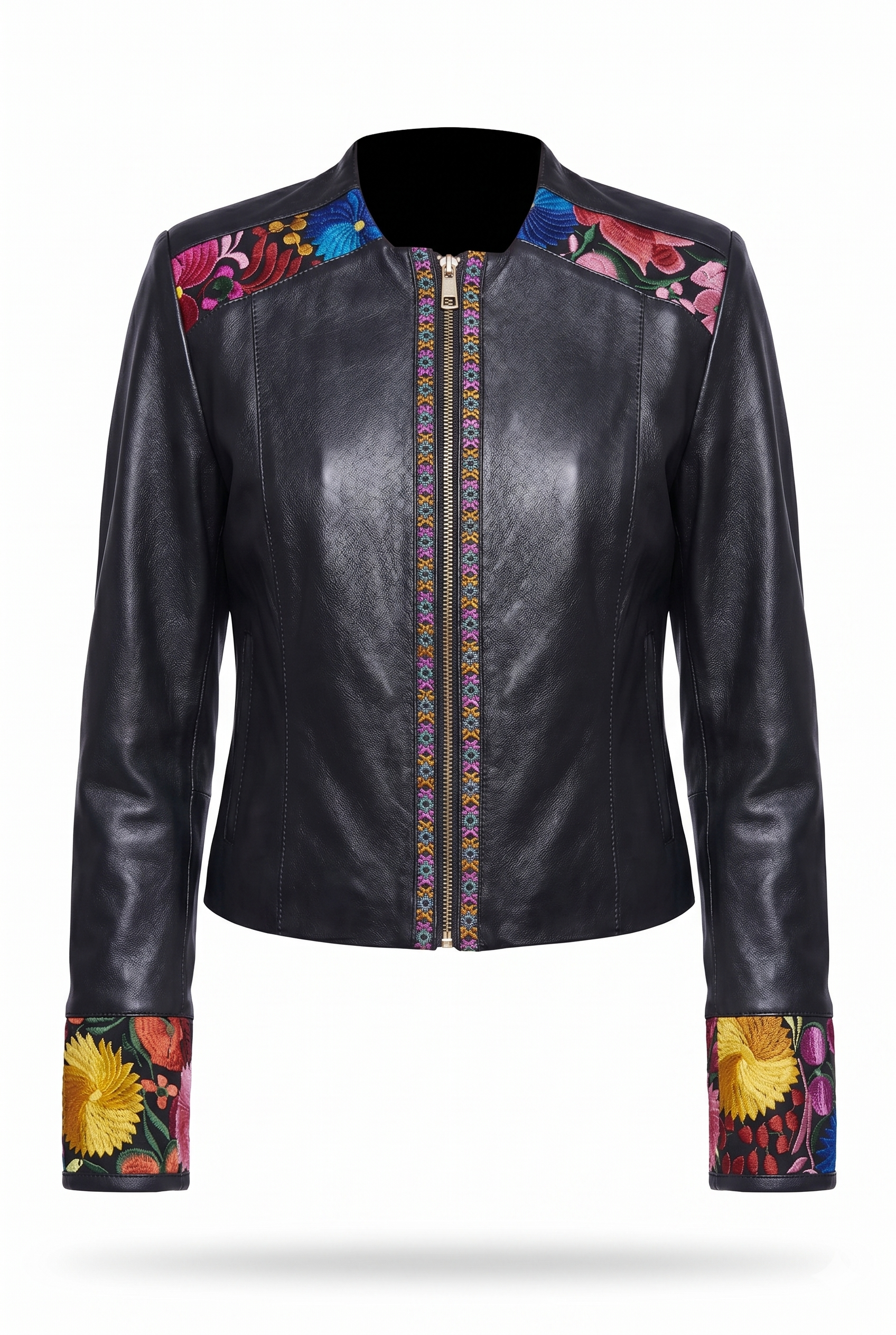 CHAMARRA DE PIEL PARA DAMA COLOR NEGRO CON BORDADOS ARTESANALES 188