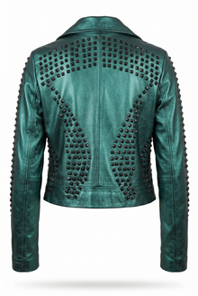 Chamarra Biker de Piel para Mujer 'Rockstar' - Verde Metálico (272VERDE)