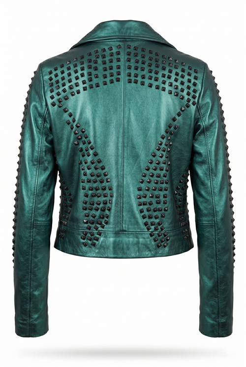 Chamarra Biker de Piel para Mujer 'Rockstar' - Verde Metálico (272VERDE)