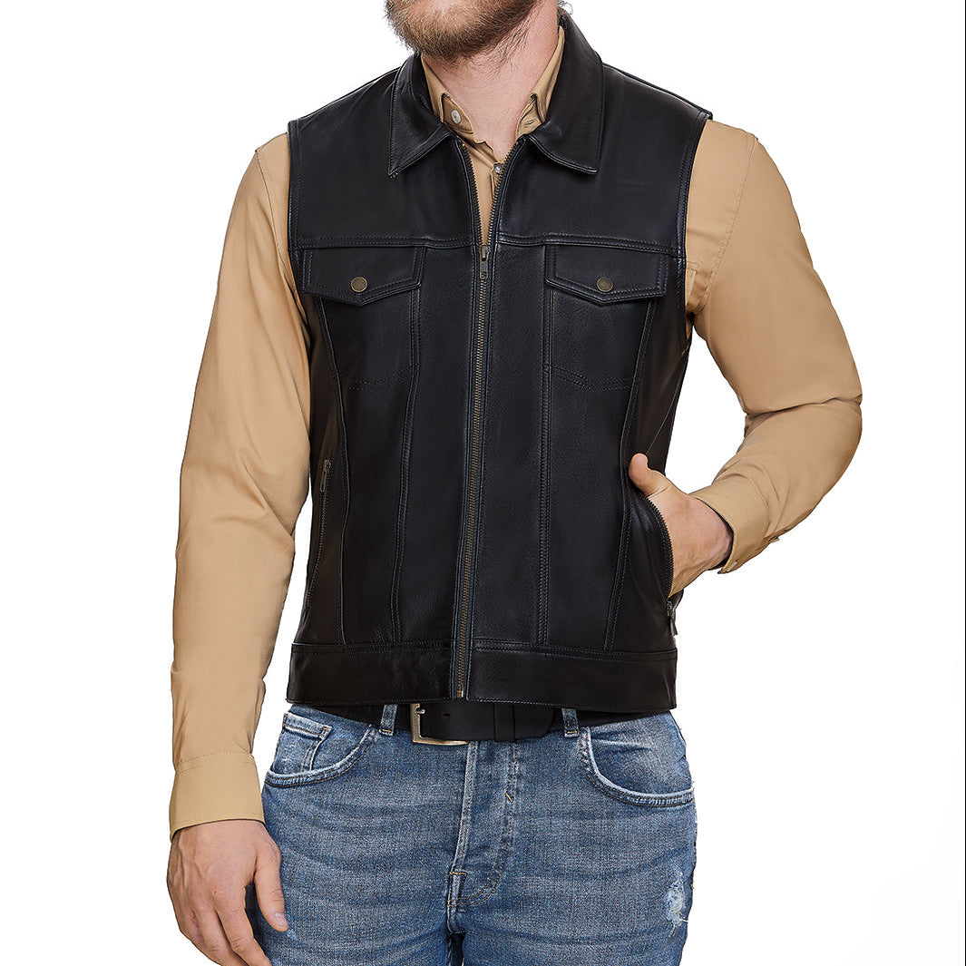 Chaleco para caballero de piel casual de piel genuina cierre en color oro viejo al frente y costados broches con bolsas superiores
