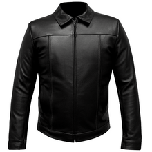 Chamarra de piel clásica negra 'Patrimonio' de Gerhel con cuello camisero y textura grabada.
