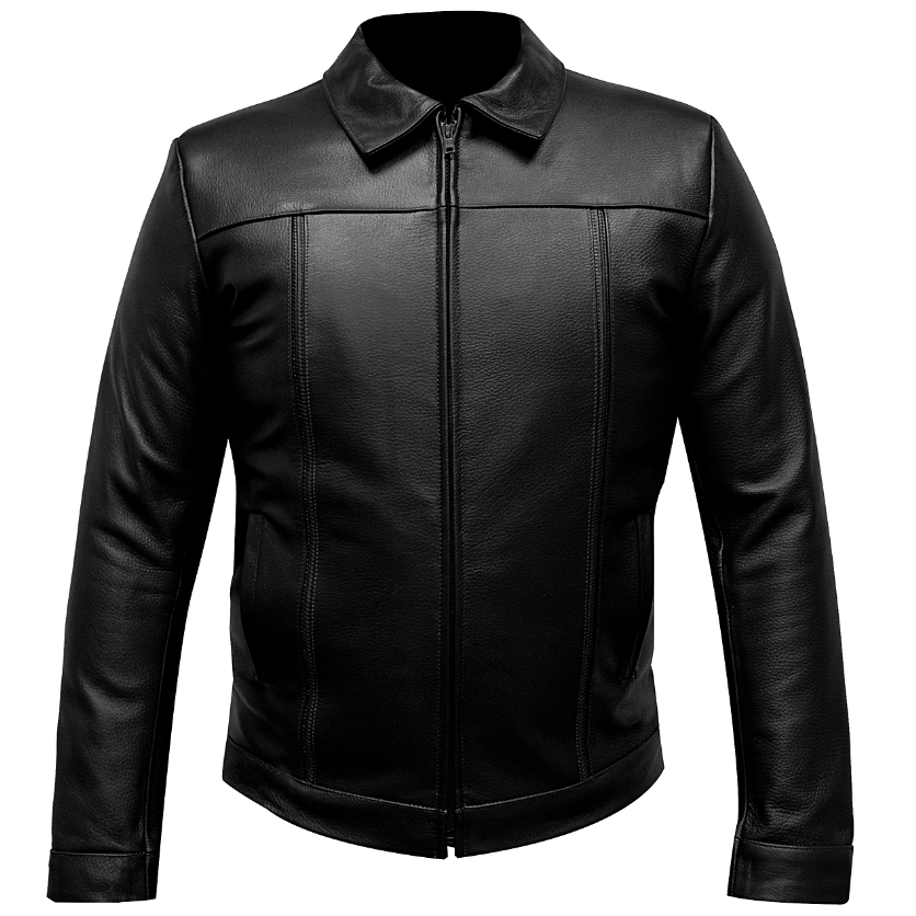 Chamarra de piel clásica negra 'Patrimonio' de Gerhel con cuello camisero y textura grabada.