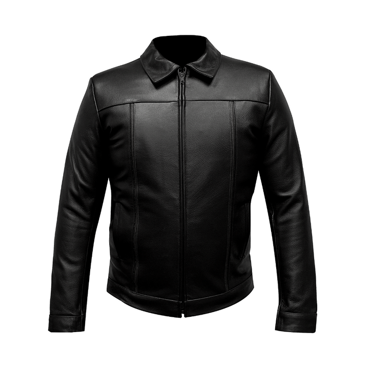 Chamarra de piel clásica negra 'Patrimonio' de Gerhel con cuello camisero y textura grabada.