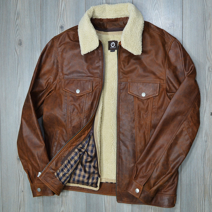 Chamarra de piel de res 3 en 1 'Todoterreno' de Gerhel con cuello de borrega desmontable.