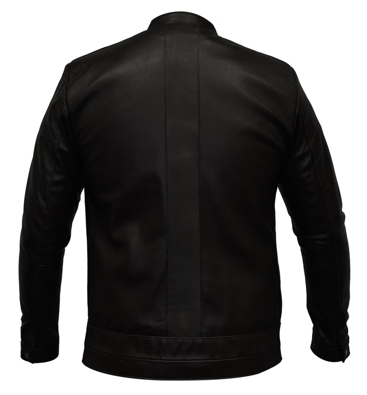 Chamarra de piel clásica negra 'Maestro' de Gerhel con cuello mao y textura grabada.